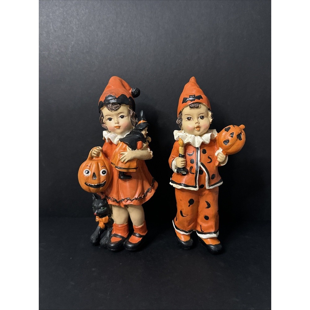Set Of 2 Halloween Hobby Lobby Clown Witch Costumes Figurines Vintage Style 7"